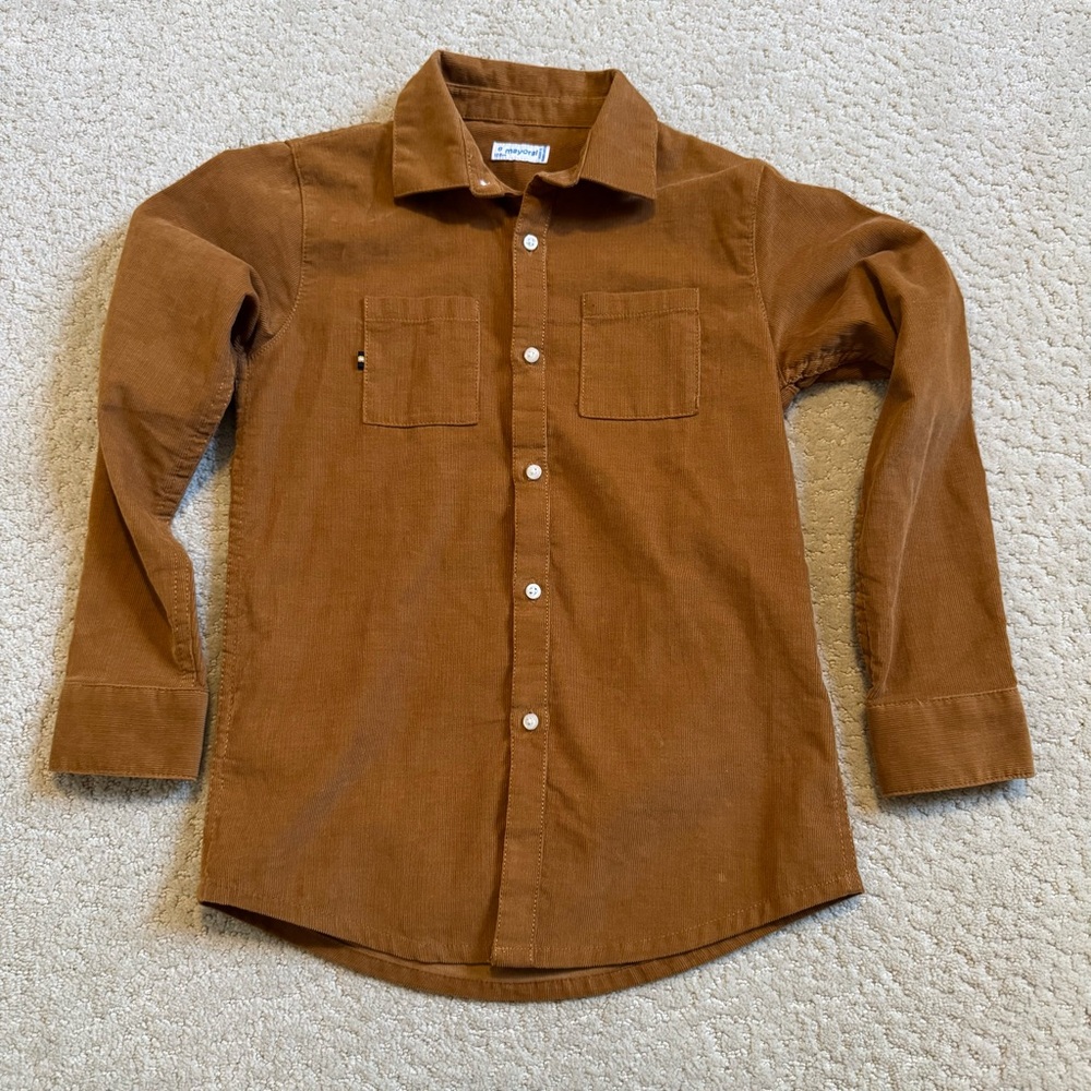 Mayoral Boys Kids Brown Pin Corduroy Long Sleeve Button Up Shirt Size 8 Cotton